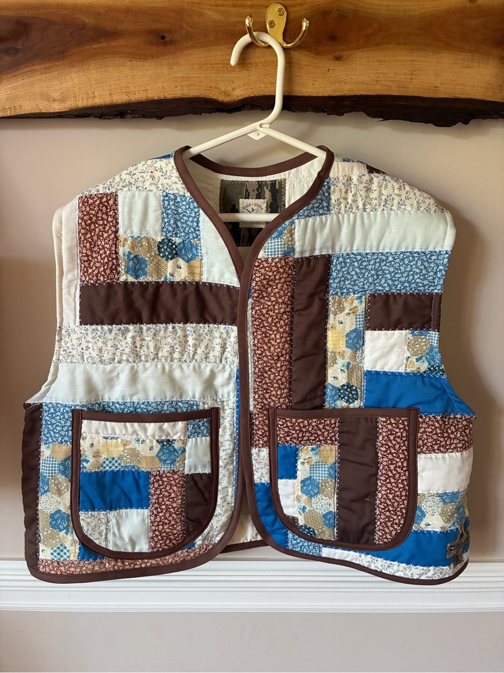 Field + Stitch Handmade Patchwork Vintage Blue Brown Log Cabin Quilt Vest XL
